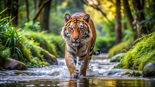 a tiger is running through a stream in the woods