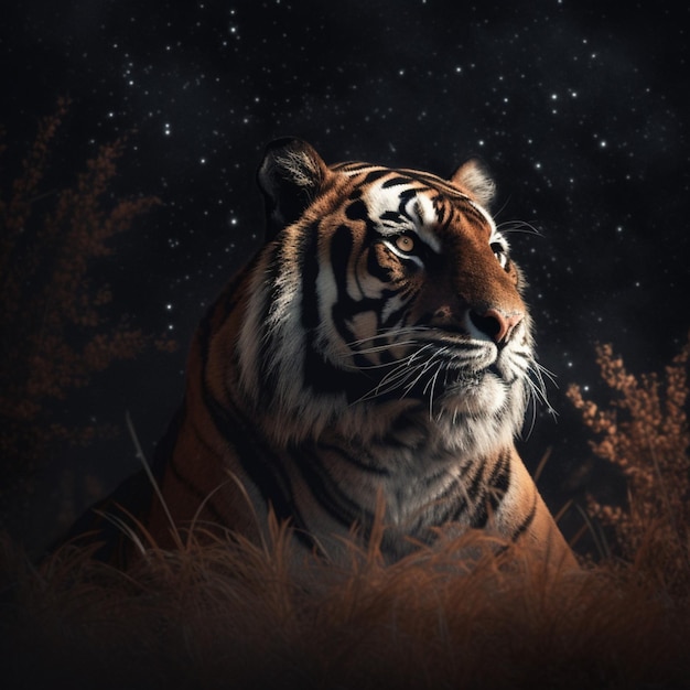 A tiger is sitting in the grass and the night sky is lit up.