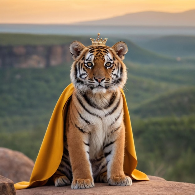 a tiger is sitting on a rock with a yellow blanket on it