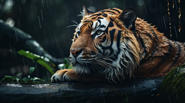 a tiger is sitting on a tree in the rain