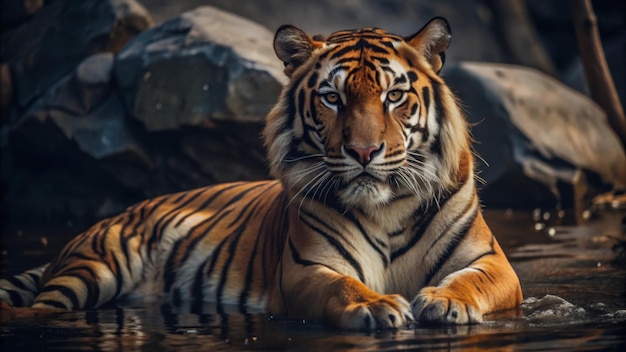 a tiger is sitting in the water with a rock behind him