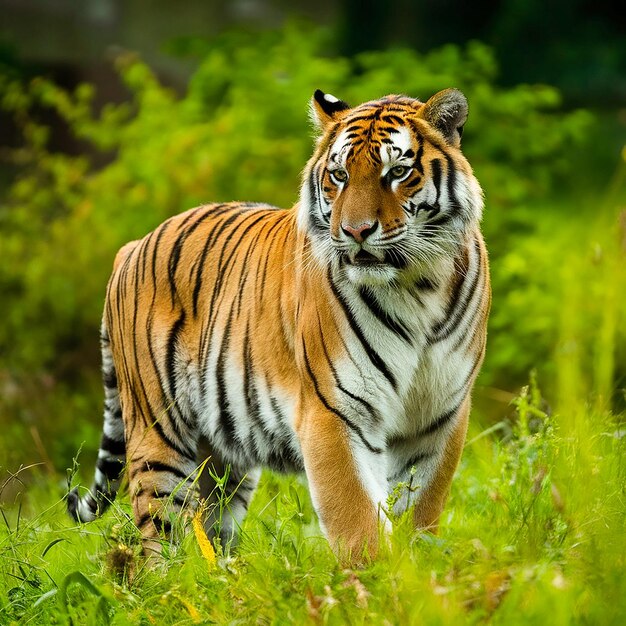 Photo a tiger is standing in the grass and looking at the camera