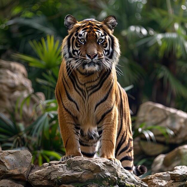 Photo a tiger is standing on a rock in the jungle