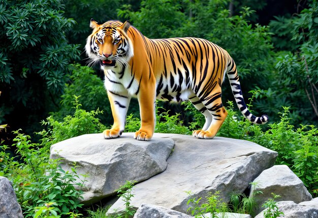 a tiger is standing on a rock in the woods