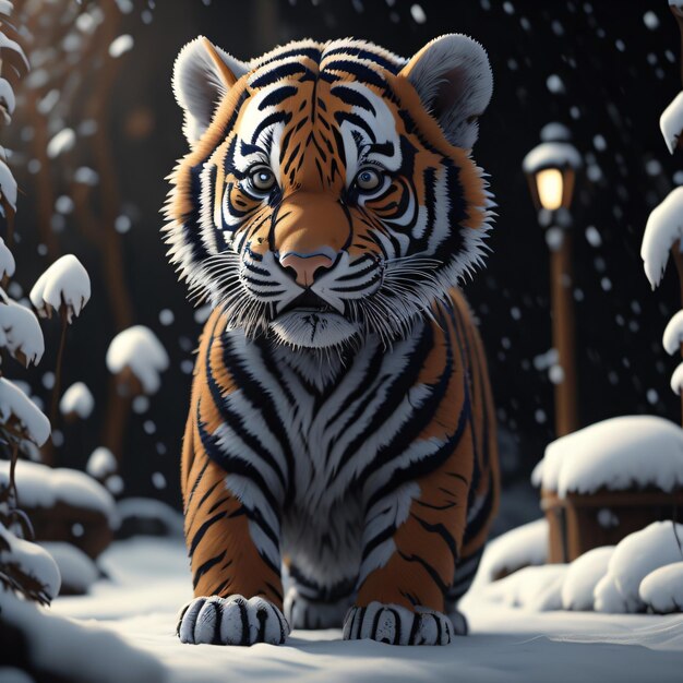 A tiger is standing in the snow with snow on its face.