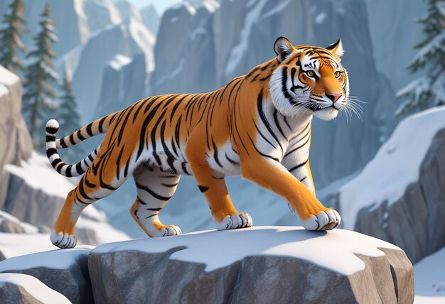 Photo a tiger is standing on a snowy ledge in the mountains