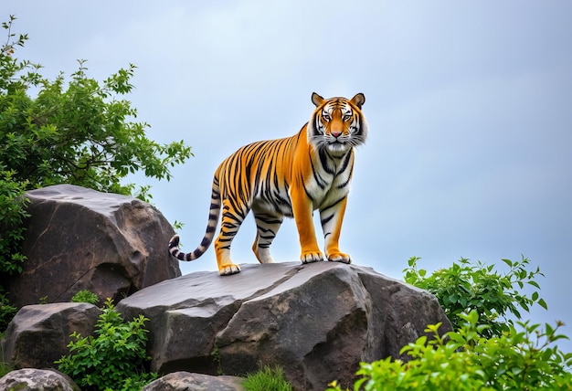 Photo a tiger is standing on some rocks and a tree