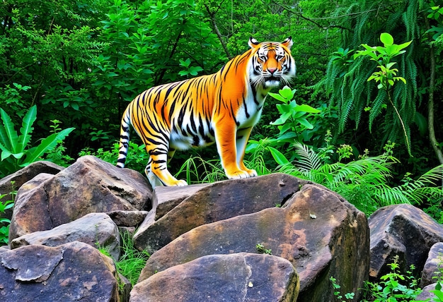 a tiger is standing on some rocks in the woods