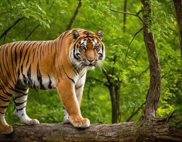 Photo a tiger is standing on a tree branch in the woods