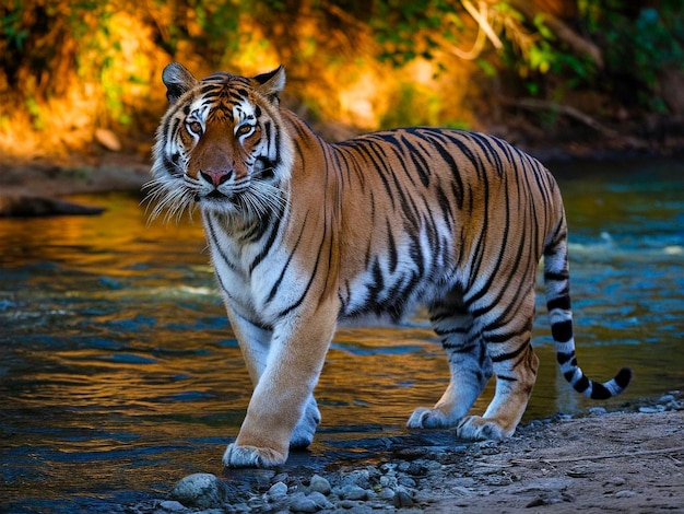 Photo a tiger is standing in the water in the woods