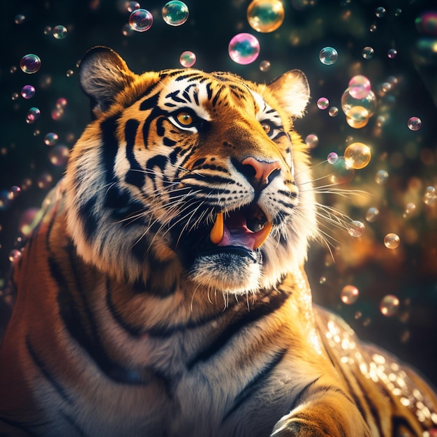 A tiger is surrounded by bubbles and the word tiger is on the screen.