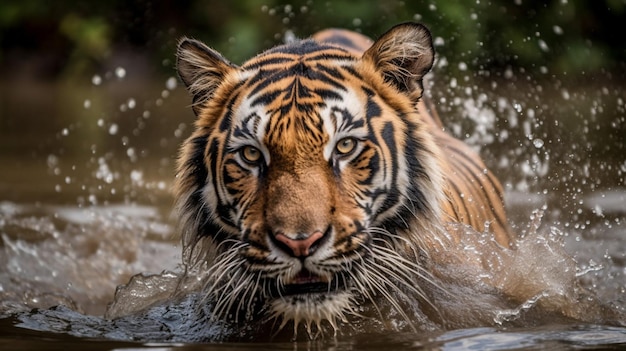 A tiger is swimming in the water.