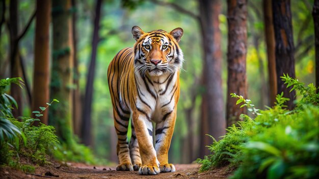 Photo a tiger is walking on a path in the woods