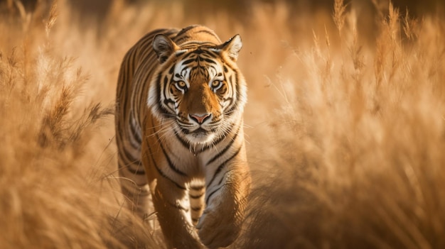 A tiger is walking through the grass.