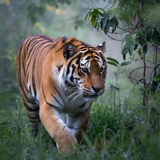 a tiger is walking through the jungle in the wild