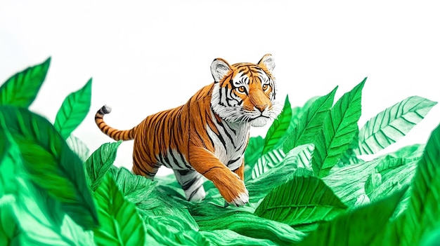 a tiger is walking through the jungle with leaves