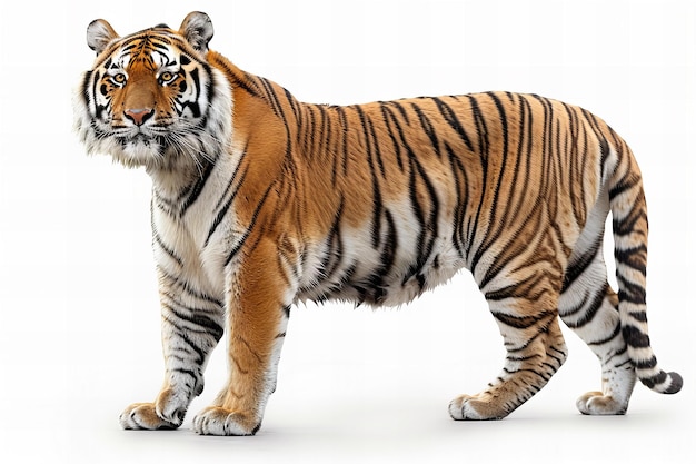 a tiger is walking on a white background