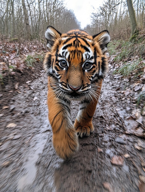 a tiger is walking in the woods with the number 1 on its face