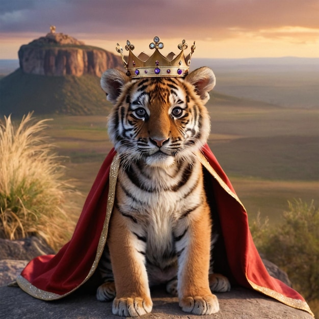 a tiger is wearing a crown and is sitting on a rock