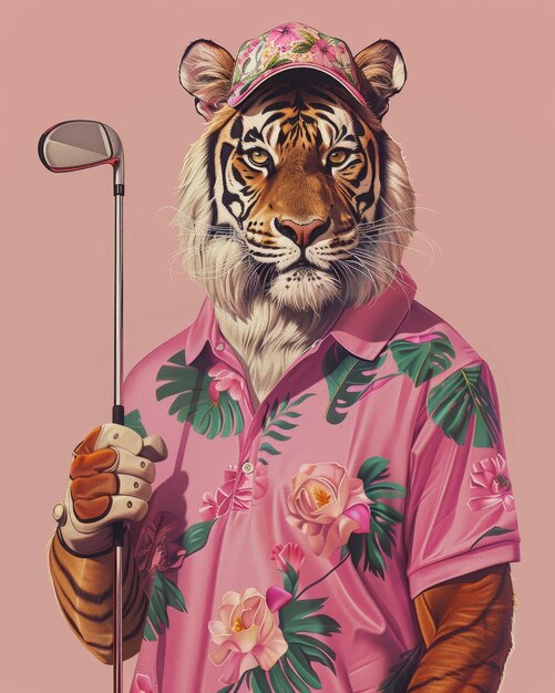 Photo a tiger is wearing a pink shirt with a green palm leaf on it