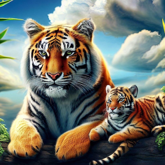 a tiger and its cub sitting on a log in a lush jungle with clouds in the background