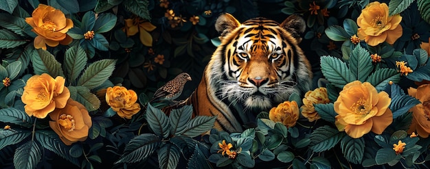 a tiger in a jungle with a bird on the head