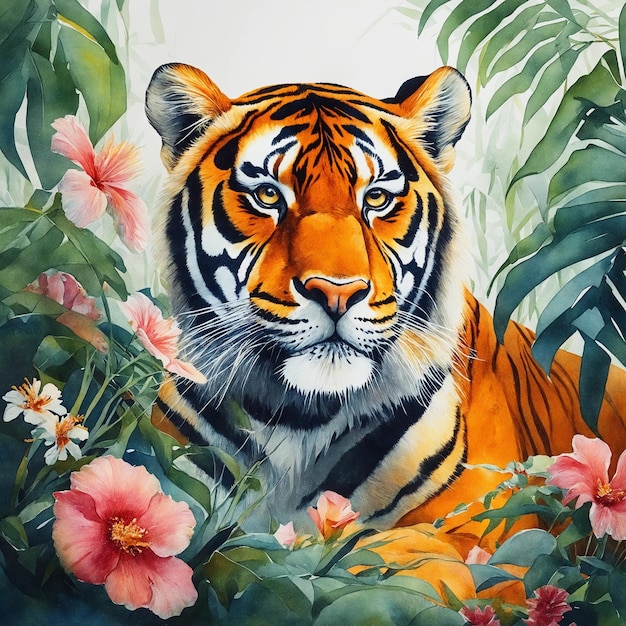 A tiger in a jungle with flowers watercolor illustration