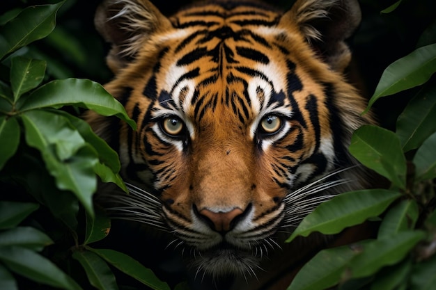 A tiger in the jungle with green leaves Generative Ai