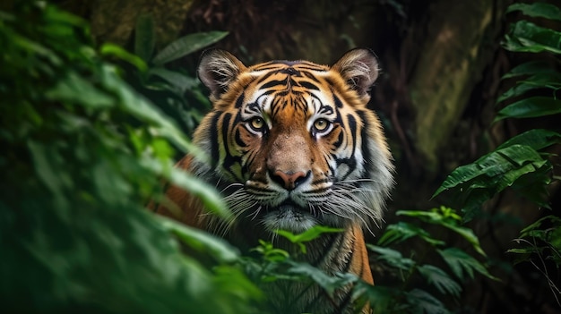 A tiger in the jungle with green leaves