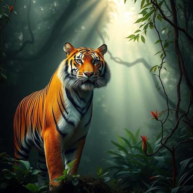 Photo a tiger in the jungle with the sun behind it