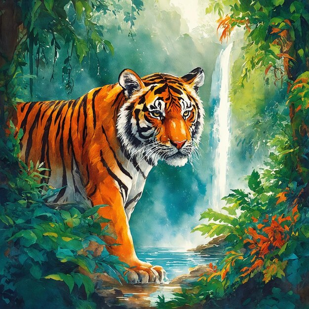 A tiger in the jungle with a waterfall in the background