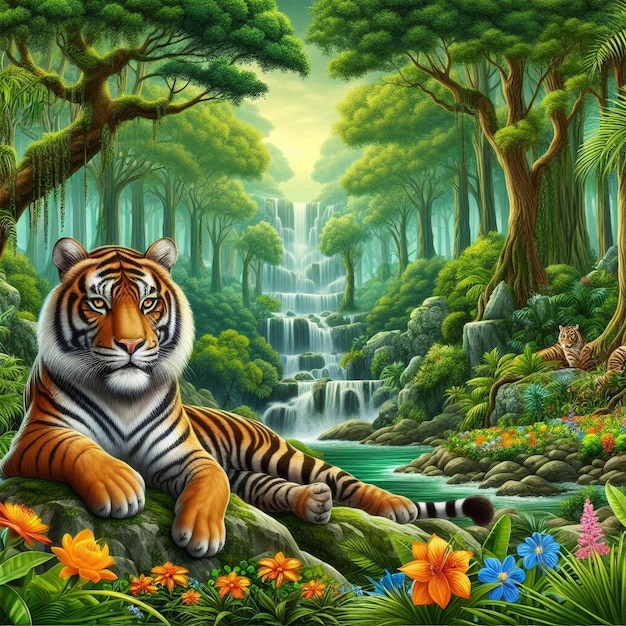 A tiger in a jungle with a waterfall in the background