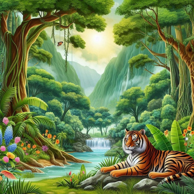 A tiger in a jungle with a waterfall in the background