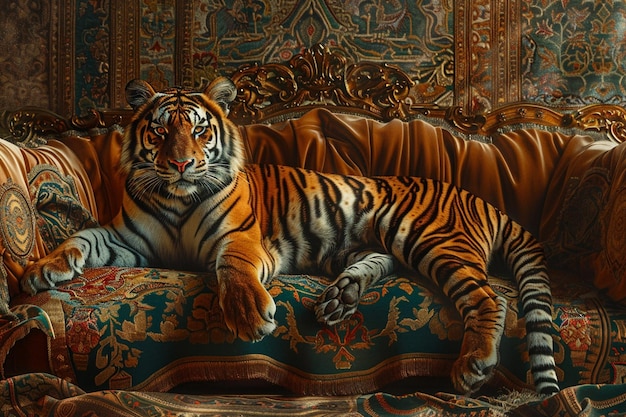 a tiger laying on a couch with a blue and gold design on the back