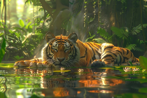 A tiger laying down in a body of water A tiger lounging in a peaceful forest setting