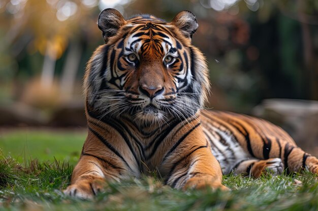 Photo a tiger laying on the grass in the sun