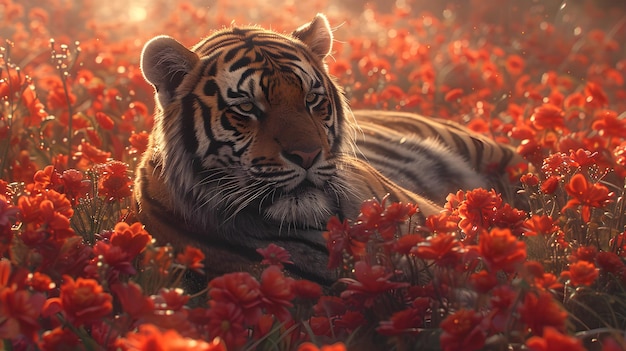 a tiger laying in the grass with red flowers