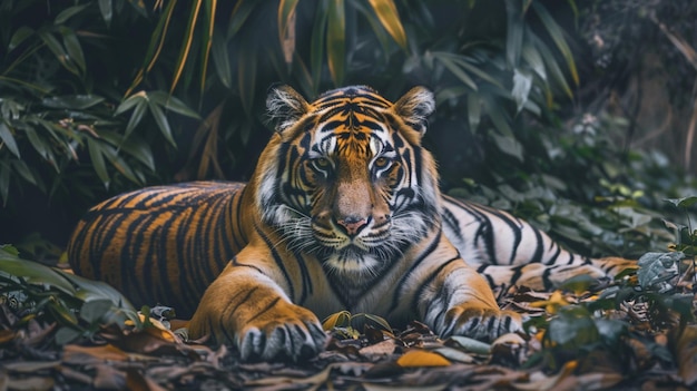 a tiger laying on the ground in a jungle with leaves