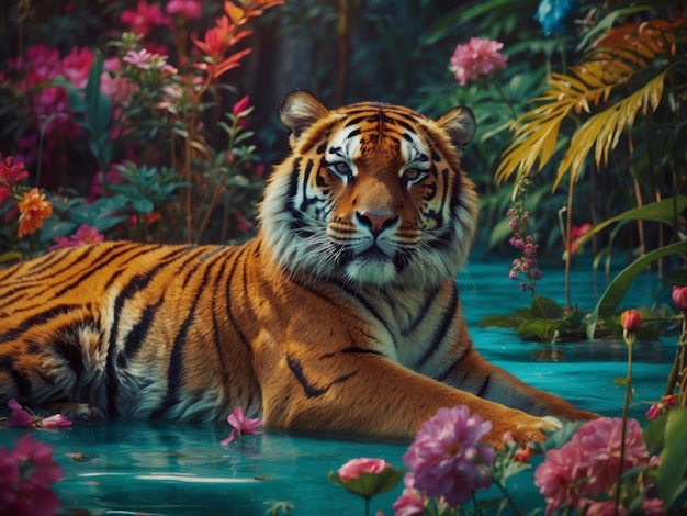 a tiger laying in the water with flowers in the background