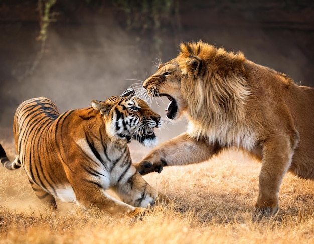 Photo tiger and lion fighting