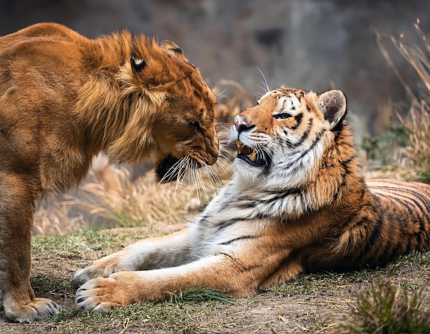 Photo tiger and lion fighting