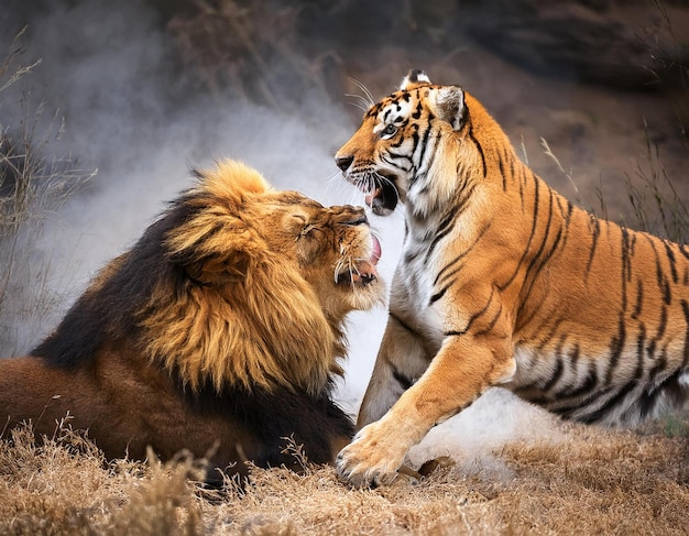 Photo tiger and lion fighting