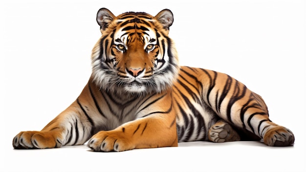 Tiger lying down on white background