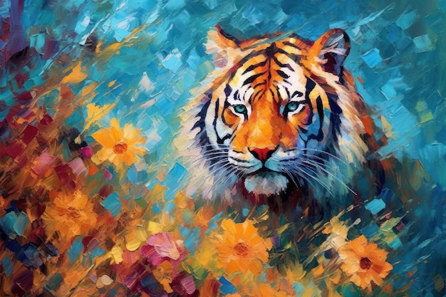 Tiger made of oil paint modern art with sunflower Generative AI