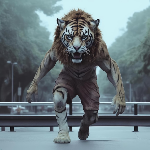 A tiger man walks through the city