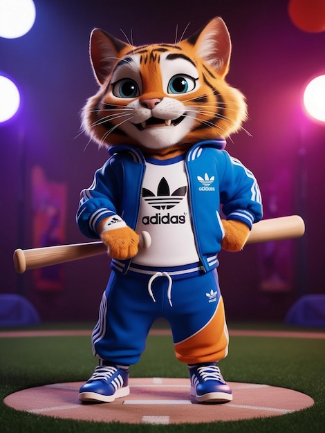 Photo a tiger mascot wearing a blue outfit with adidas on it