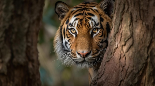 A tiger peeking out of a tree