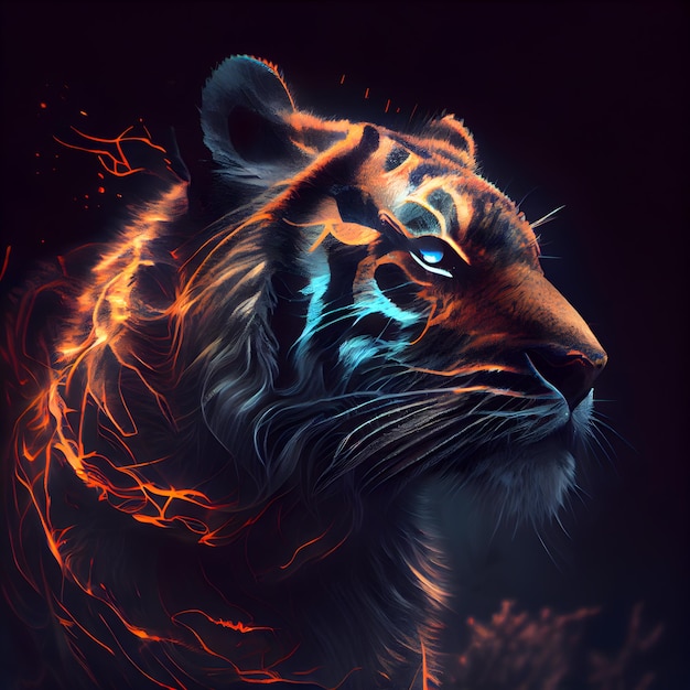 Tiger portrait with fire effect on dark background Artistic painting