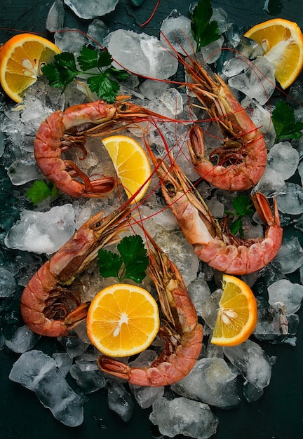 Tiger prawns boiled and frozen on ice top view closeup no people