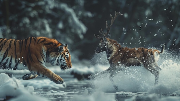 Photo tiger preying on deer in the jungle generated by ai